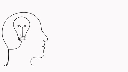 Poster - Human head with lightbulb and target with arrow continuous line drawing animation. Creative idea process and achieve goal concept animated video.