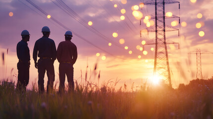 Poster - Three electrical engineers are standing in a field, observing high voltage power lines at sunset