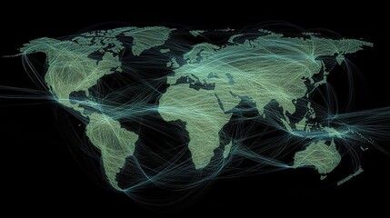 Global network connections, data flow, world map, dark background, visualization