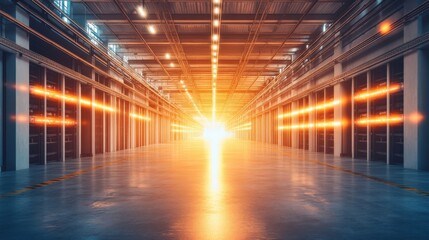 Poster - bright sunlight streaming through a warehouse, illuminating the spacious interior with shelves