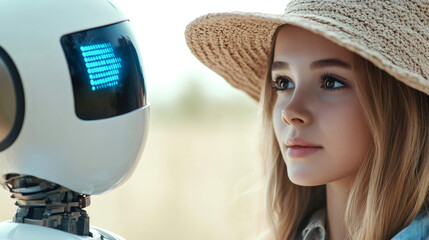 Aufkleber - Blonde woman surveying advanced humanoid robot, wearing wide-brimmed straw hat in sunny outdoor setting