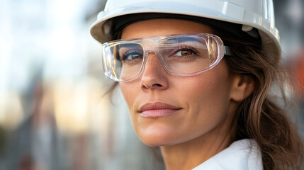 Aufkleber - Confident female engineer wearing protective gear standing amid construction equipment and scaffolding