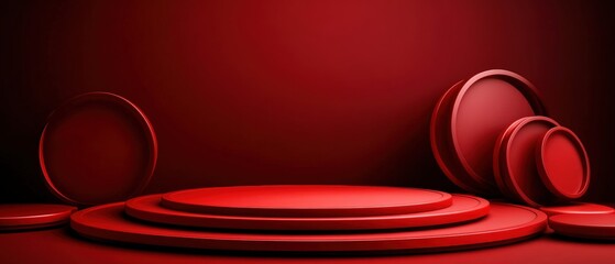 Poster - Red background with a collection of round plates arranged artistically for a photo shoot
