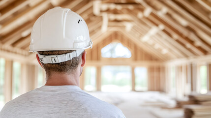 Poster - Construction professional checking wooden house framing, wearing safety helmet at building site