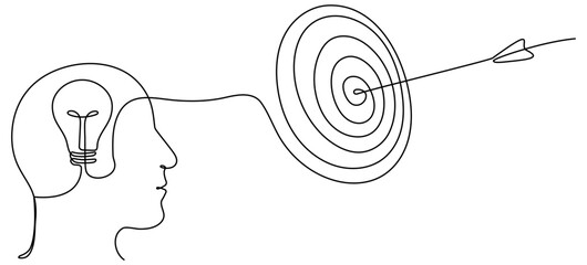 Poster - Head with lightbulb and target with arrow continuous line drawing. Creative idea process and achieve goal concept. Vector illustration isolated on white.
