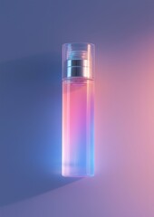 Wall Mural - 3d rendering of a tall, cylindrical glass bottle with a silver cap. the bottle is standing upright on a gradient background of blue and pink colors.