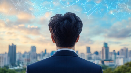Poster - Businessman gazing at the city skyline, envisioning a network of connections and opportunities for future growth and innovation