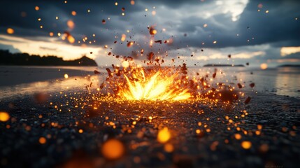 Poster - Fire explosion in the air captured in a dramatic photograph with bright flames and smoke