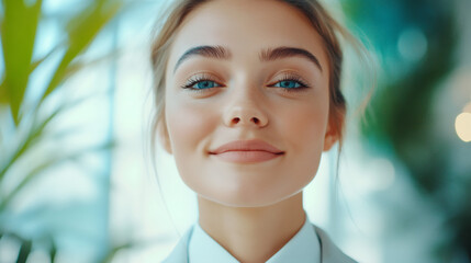 Canvas Print - Professional businesswoman smiling softly, standing near verdant office plants during workday