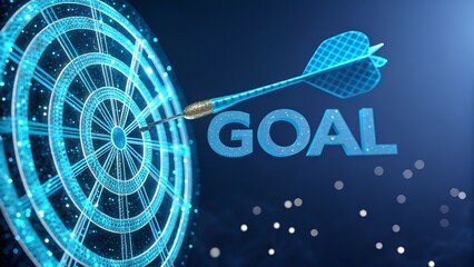 Fototapete - Vibrant Dart Hitting the Exact Center of a Dartboard Representing Smart Goal Setting Strategy with Glowing Blue Accent for Professional Use