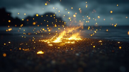 Poster - A vibrant fire burning brightly in the darkness of night illuminating the surrounding area