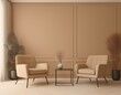 © Jeremy - room in tan and taupe colors small beige brown armchairs and metal table minimalistic living room space for art blank wall paint in pastel tone gray lounge or premium reseption office 3d render