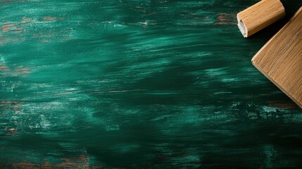 Poster - Knife resting on a piece of wood with a green background in a still life photography setup