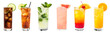 © Ars Nova - Cuba Libre, Long Island, Mojito, Paloma, Tequila Sunrise, Screwdriver cocktail transparent PNG set bundle, isolated background. Bar menu cocktails in highball glass, colorful refreshing drink garnish