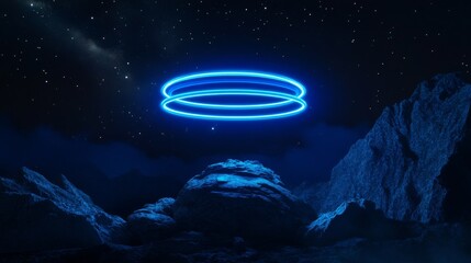 Mysterious glowing blue rings in a starry night sky above rocky alien landscape. Science fiction and extraterrestrial exploration concept.