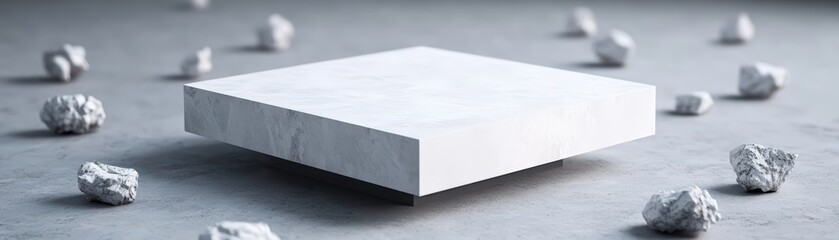 Poster - White box placed on small white rocks with natural background and soft lighting