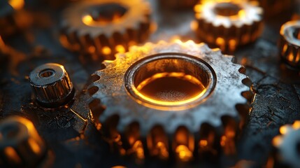 Canvas Print - Close-up of intricate metallic gears illuminated by warm light, showcasing industrial design details