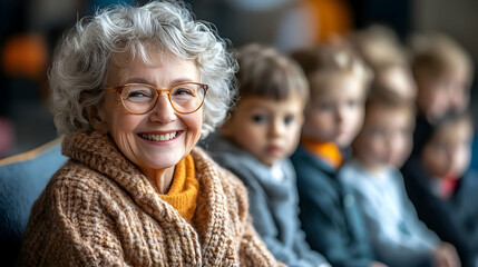 Senior smiles at children, indoor gathering