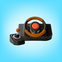 Poster - 3d Steering Wheel with Gearbox Transmission Lever Cartoon Design Style. Vector illustration