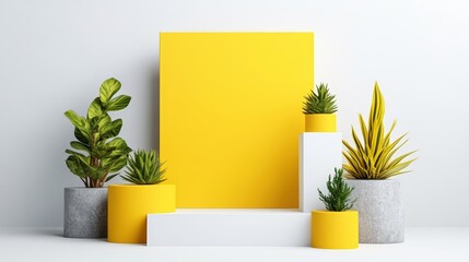 Poster - Three yellow planters with blank paper on a white background for creative projects and designs