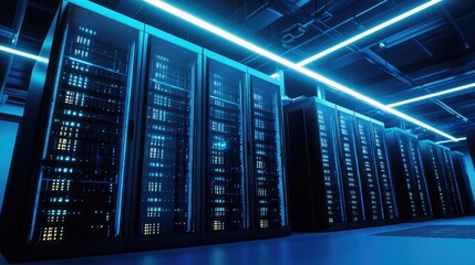 Aufkleber - Modern data center with illuminated blue server racks, representing cloud computing, cybersecurity, and IT infrastructure. Ideal for digital security, networking, and data storage concepts
