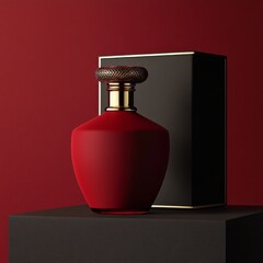 Aufkleber - Elegant Crimson: A Luxurious Perfume Bottle Display with Gold Accents on a textured background.
