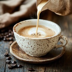 Wall Mural - Coffee and bakery: Freshly brewed and roasted Warm coffee being poured into a speckled cup on a rustic wooden table.