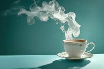 Wall Mural - Coffee and bakery: Freshly brewed and roasted Steaming cup of tea on a teal background with elegant design.