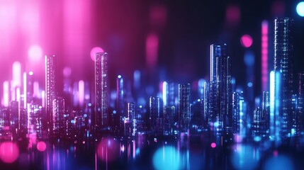 Poster - Cityscape at night with bright lights and dark background featuring skyscrapers and urban environment