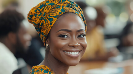 Canvas Print - Professional African businesswoman wearing colorful traditional attire, smiling confidently and representing cultural pride in corporate environment