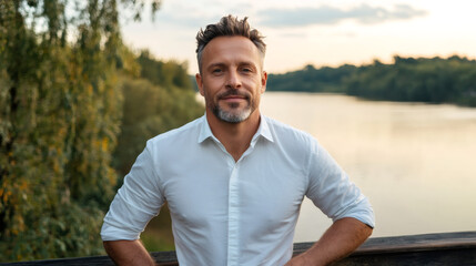 Poster - Portrait of a mature businessman smiling and posing with hands on hips near a river at sunset, wearing a white shirt