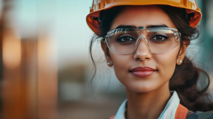 Aufkleber - Confident female engineer wearing safety glasses and hardhat stands on a construction site, embodying professionalism and expertise in the industry