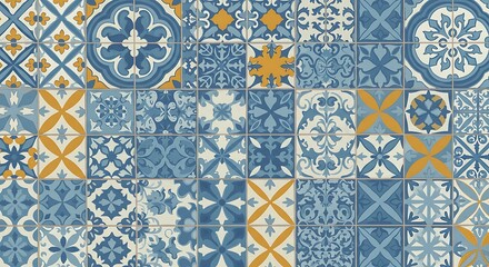 Naklejka na meble Decorative Tile Pattern Blue Yellow Floral Design Interior Design
