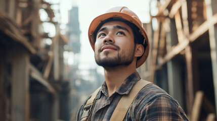 Young construction worker wearing yellow hardhat, looking skyward amid scaffolding, cranes, and active building project