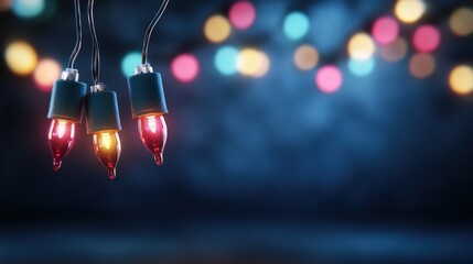 Poster - Colorful christmas lights hanging on a string against a dark background during the holiday season
