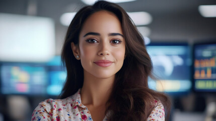 Canvas Print - Portrait of a young businesswoman smiling in her office in front of big monitors showing graphs and a world map