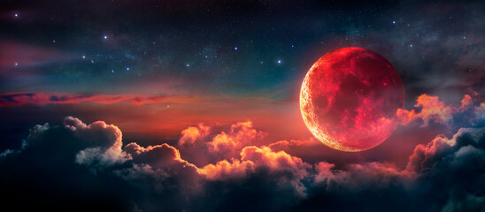 Wall Mural - eclipse - bloody moon with red surface in the starry night - abstract fantasy background