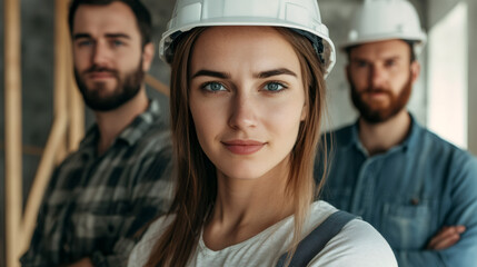 Poster - Portrait of confident female construction worker wearing safety helmet with arms crossed, with her team in the background