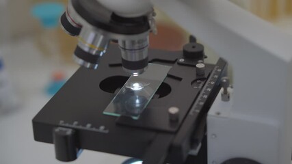 Wall Mural - a specialist in microbiology adjusts a microscope in a biological laboratory to study a substance