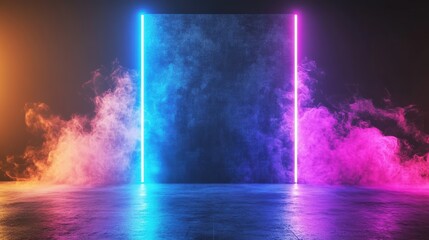 Poster - Room with neon colored light emitting from open door in dark interior setting