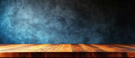 Poster - Wooden table with blue wall background and framed photo displayed on the surface