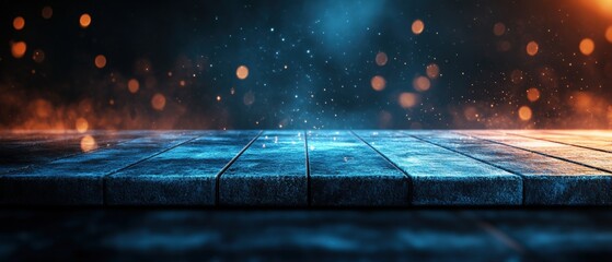 Poster - Wooden table with a blurred light background and a photo placed on the surface in a bright environment