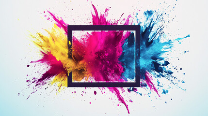 Poster - Colorful paint explosion in pink, yellow, and blue with a square frame in the center, symbolizing creativity, artistic expression, and vibrant design