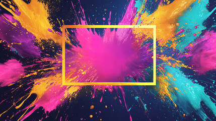 Poster - Colorful paint explosion in pink, yellow, and blue with a golden frame, showcasing vibrant artistic expression, creativity, and dynamic design against a dark background