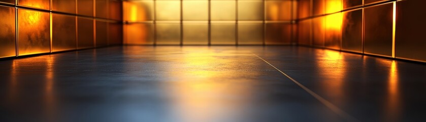 Poster - Long hallway with yellow light streaming through open doors and photo on the wall