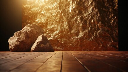 Poster - Rock placed on a wooden floor in a room with natural light illuminating the space