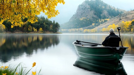 Wall Mural - Tranquil autumn scene with a lone fisherman in a boat on a calm lake surrounded by golden foliage