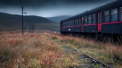 Wall Mural - Train traveling through a misty landscape with tall grass and distant mountains in the background