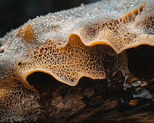 Aufkleber - Close-up of a piece of charred wood with a golden resin layer forming intricate, web-like patterns along the surface, showing natural textures and water droplets on the resin.