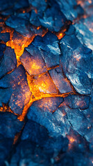 Poster - Close-up view of rock layers with glowing orange light breaking through the cracks, showcasing the contrast of blue and orange textures in a natural geological setting.